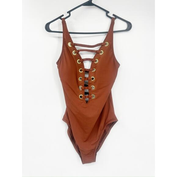 Bleu Rod Beattie Hole In One Plunge Strappy Lace Up Pecan One Piece Swimsuit NWT - Picture 2 of 8